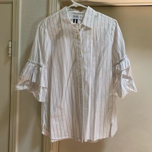 ALSO Pinstripe White Ruffle Top Shirt Blouse USA M